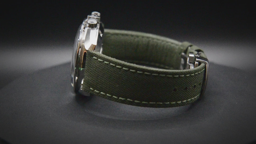 Sailcloth, Cordura military grade watch strap,  Quick-release spring bars are installed, lined with Lorica eco-leather by FinWacthStraps® Deployment clasp installed.