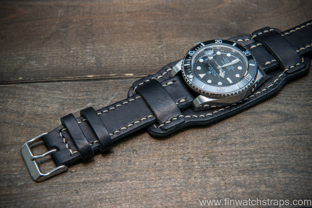 Bund-style Leather Watch Strap, Aviator model, Black Badalassi, Italy